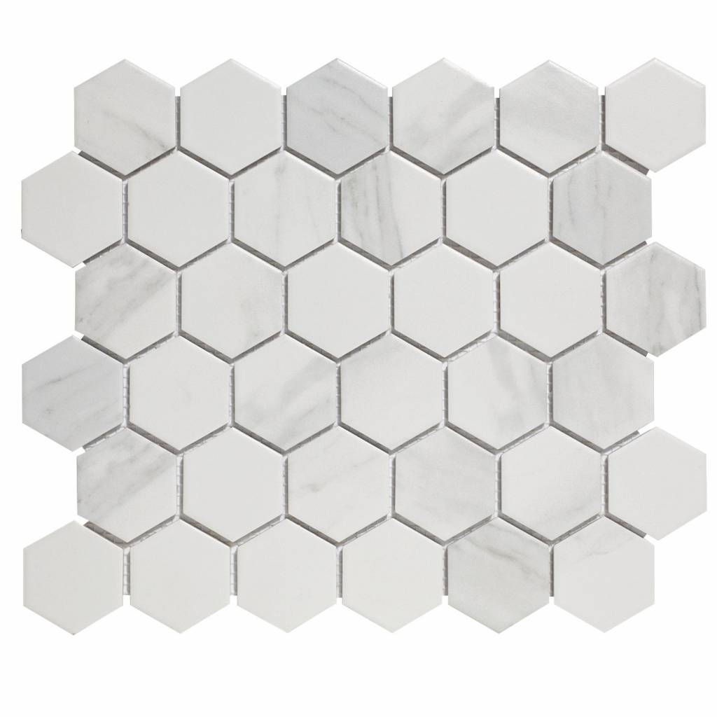 Mozaïek Barcelona 28.1x32.5 cm Geprint Porselein Hexagon Mat Carrara Wit The Mosaic Factory