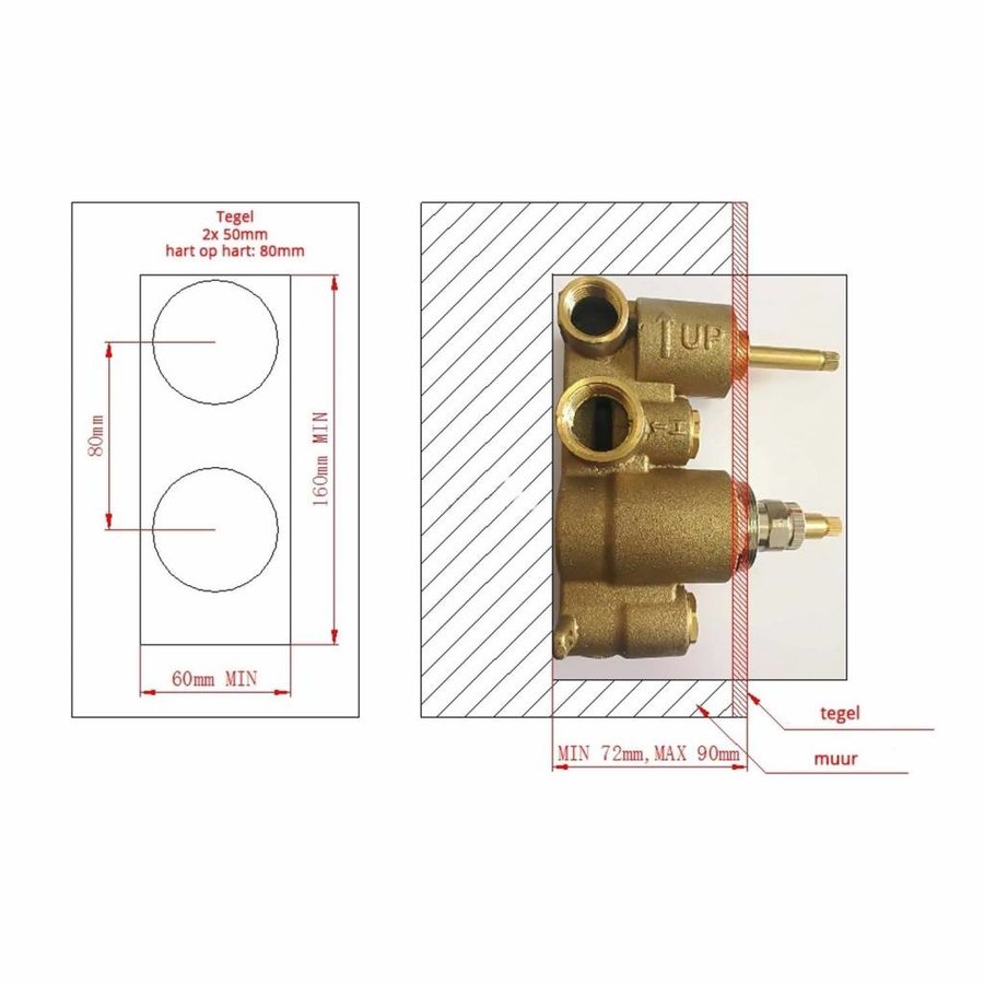 Inbouw Regendouche Set BWS 30 cm met Plafondarm Geborsteld Koper