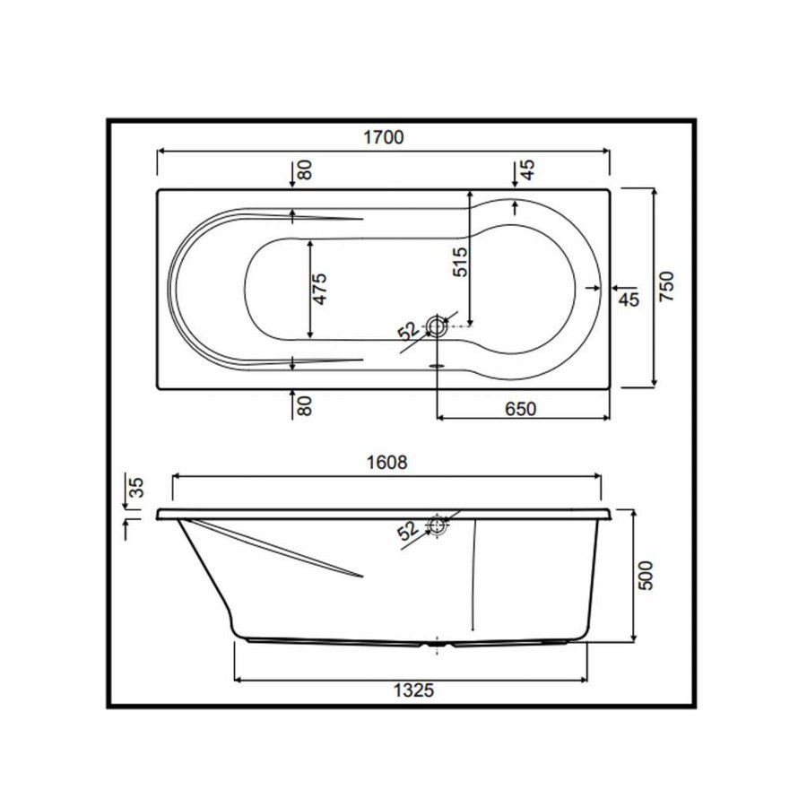 Inbouw Duo Ligbad Wisa New Fontana 170x75x50 cm Wit