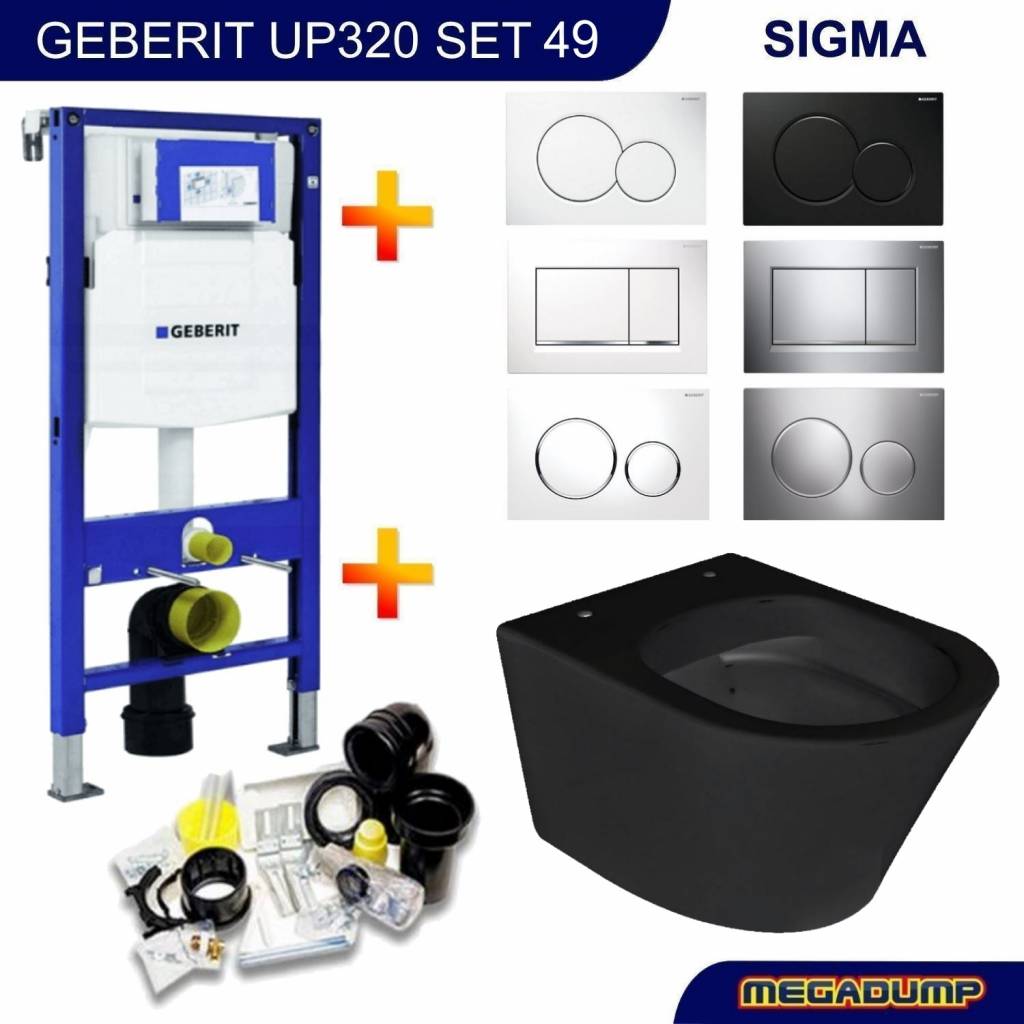 Geberit UP320 Toiletset 49 Wiesbaden Vesta Rimless MAT zwart Met bril en Drukplaat