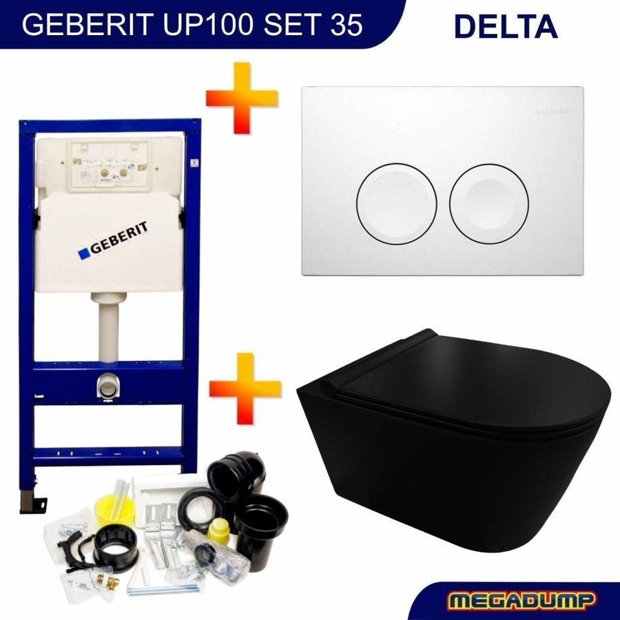 UP100 Toiletset 35 Civita Black Rimless Mat Zwart Met bril En Drukplaat