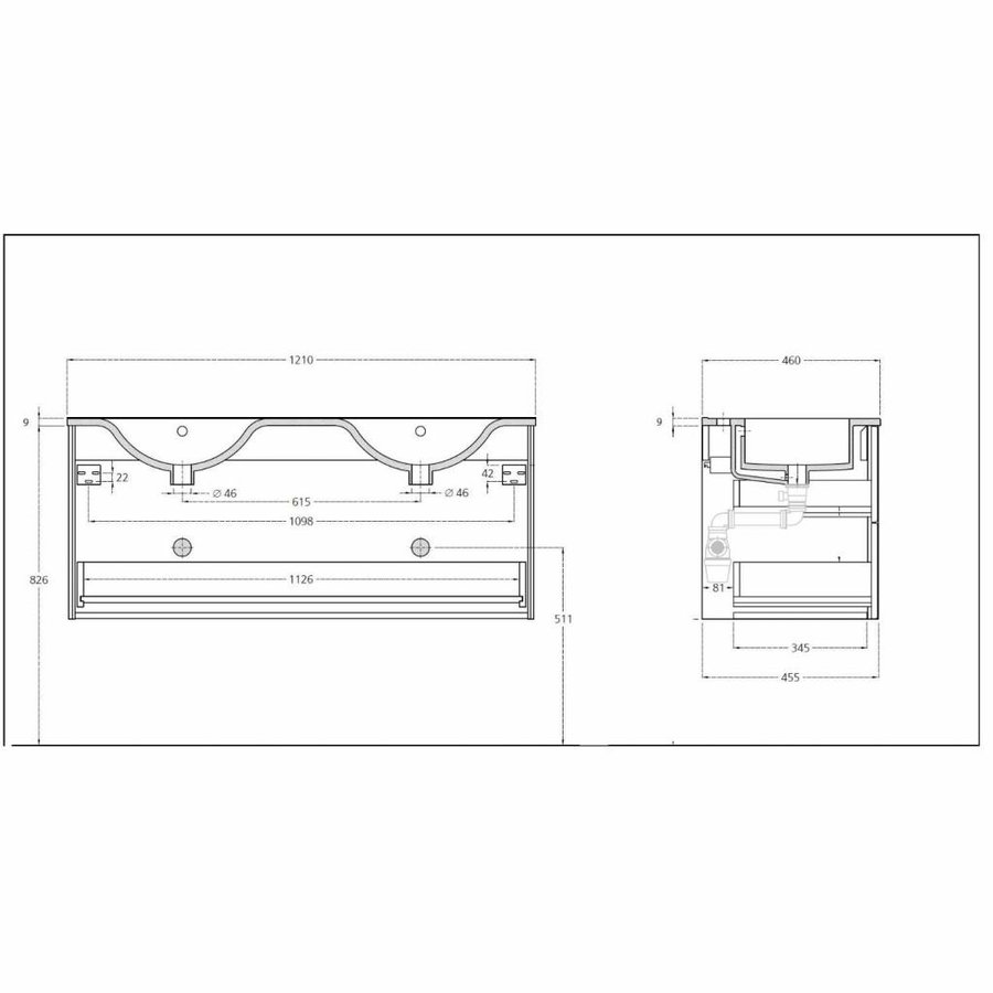 Badkamermeubel Solid Surface AQS Stockholm 120x46 cm Rechts Mat Antraciet 4 Laden (zonder kraangaten)