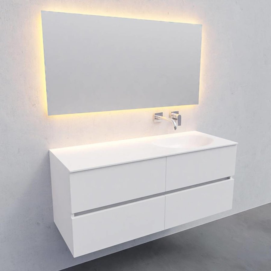 Badkamermeubel Solid Surface AQS Stockholm 120x46 cm Rechts Mat Wit 4 Laden (zonder kraangaten)
