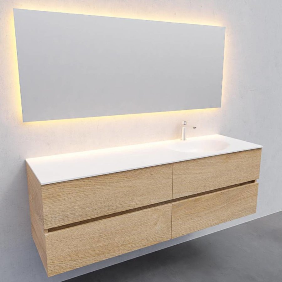 Badkamermeubel Solid Surface AQS Stockholm 150x46 cm Rechts Wood Washed Oak 4 Laden (met 1 kraangat)