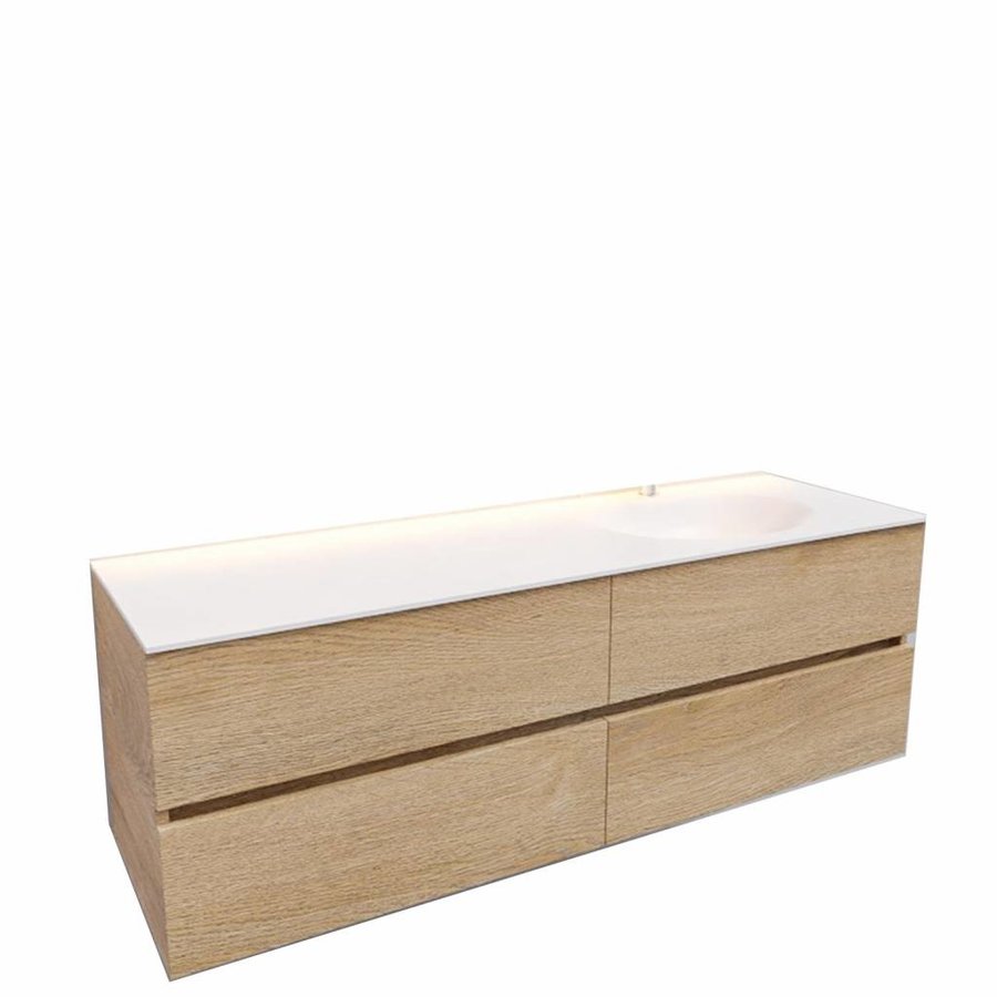 Badkamermeubel Solid Surface AQS Stockholm 150x46 cm Rechts Wood Washed Oak 4 Laden (met 1 kraangat)
