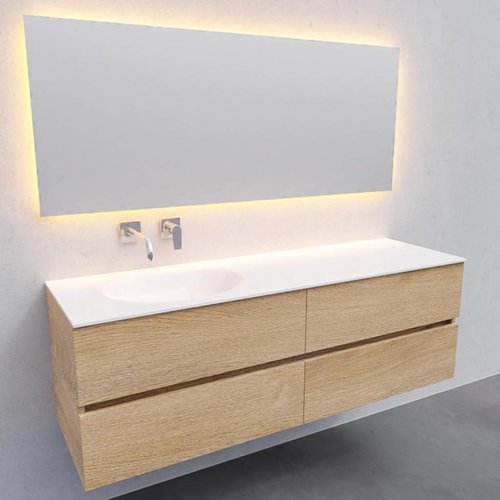 Badkamermeubel Solid Surface AQS Stockholm 150x46 cm Links Wood Washed Oak 4 Laden (0 kraangaten) 