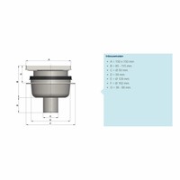 Doucheput Aquaberg ABS Vloerput RVS Opzetstuk RVS Rooster Onderuitlaat 50mm 150x150mm PPC Reukafsluiter