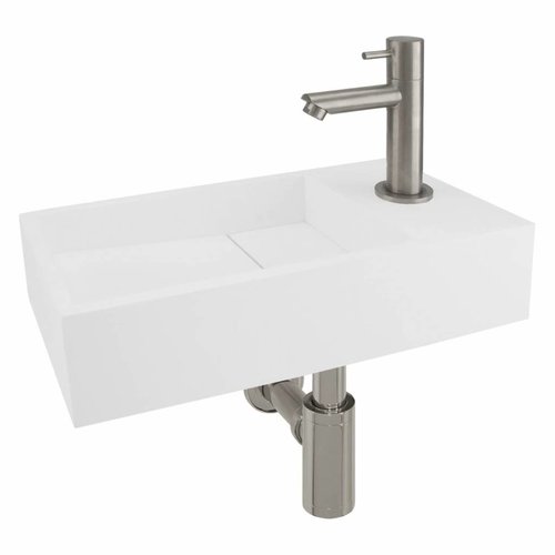 Fonteinset Differnz Rechts 36x18.5x9 cm Solid Surface Mat Wit (inclusief mat verchroomde kraan sifon en afvoer) 