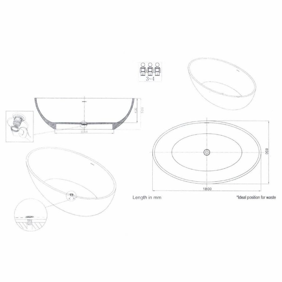 Vrijstaand Bad Best Design Solid New Stone 180x85x52cm Mat Zwart