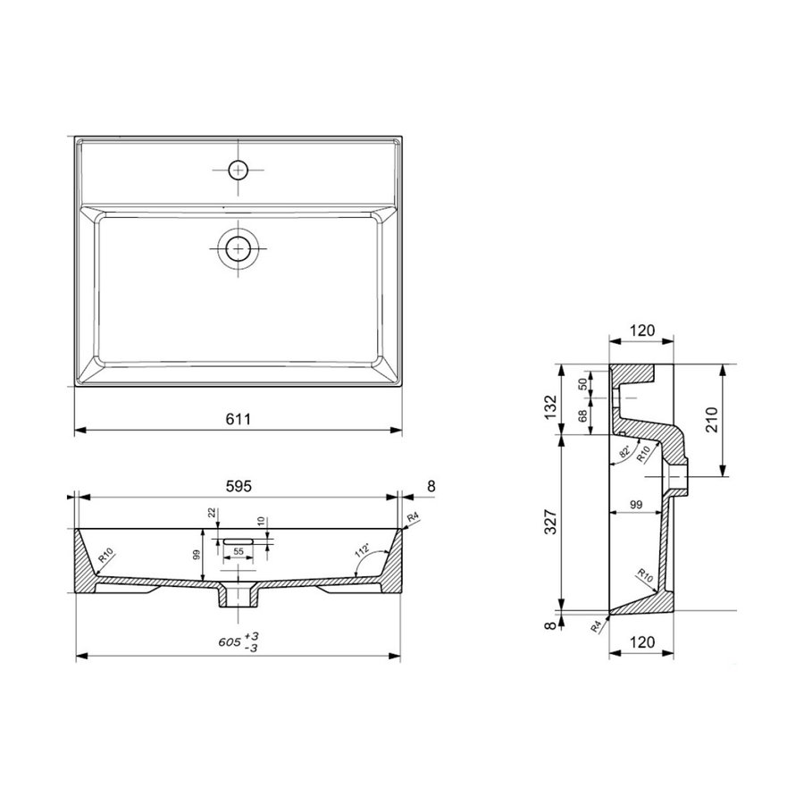 Wastafel AQS Cloud Zonder Kraangat 60x46,6 cm met Overloop Wit