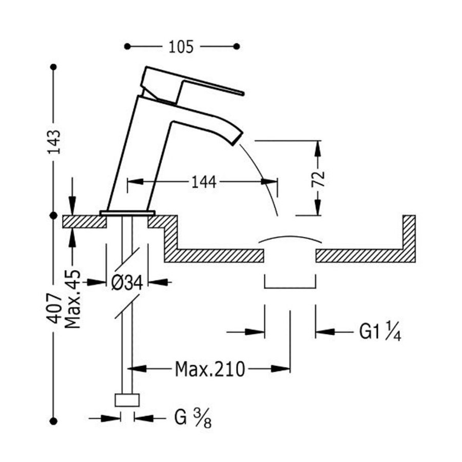 Wastafelmengkraan Tres Cuadro 1-Hendel Uitloop Recht 7 cm met Waterval Vierkant Mat Zwart