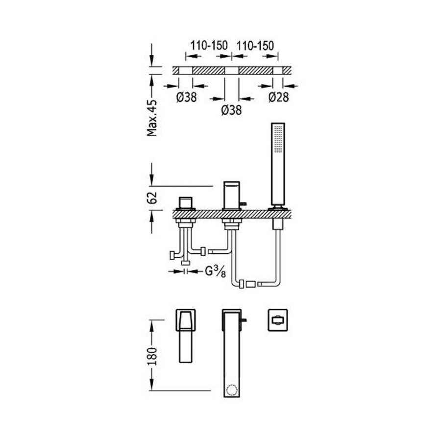 Badrand Mengkraan Tres Slim met Handdouche 18x6.2 cm Vierkant Mat Zwart