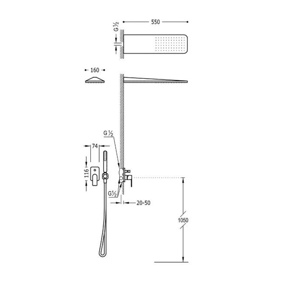 Regendouche Inbouw Tres Loft Mengkraan 16x55 cm Douchekop Rechthoek Mat Zwart