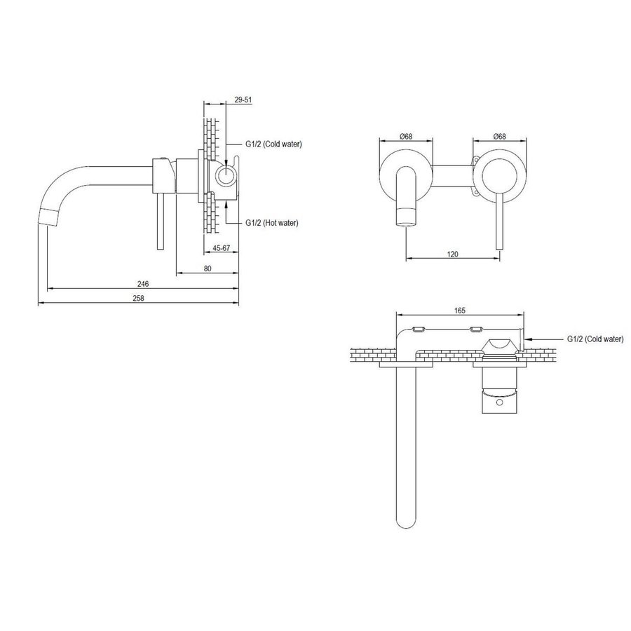 Inbouw Wastafelmengkraan Brauer Black Edition Coldstart Gebogen Uitloop Ronde Hendel Rechts Mat Zwart Met Rozetten