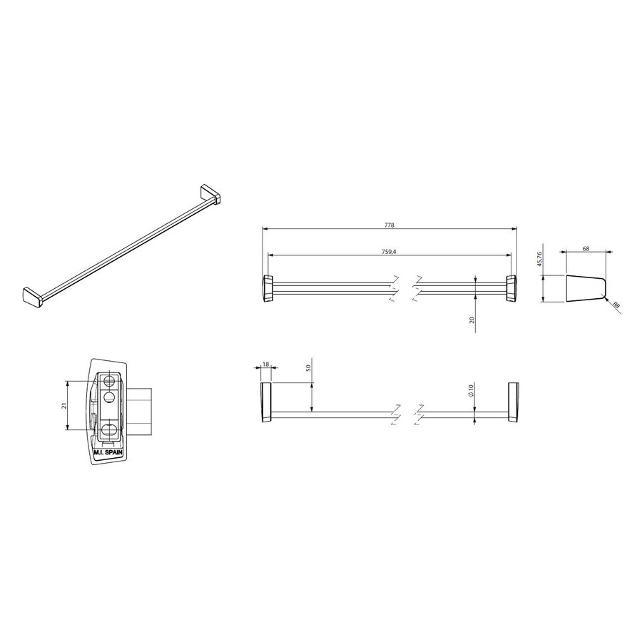 Handdoekhouder Sapho Zen Black Hangend 77.8 cm Zwart