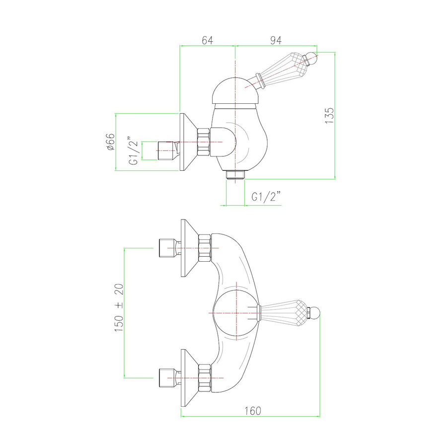 Opbouw Douchekraan Sapho Kirké Mengkraan Retro Kristal 1-hendel Goud