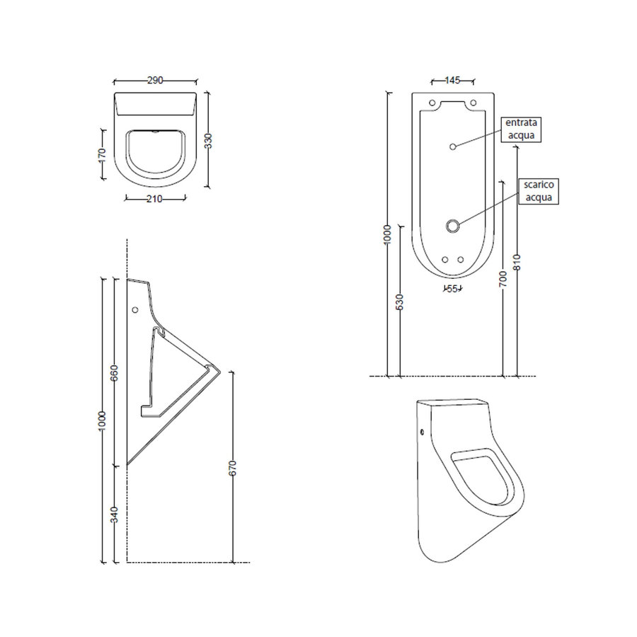 Urinoir Set Salenzi Hung Achterinlaat Mat Zwart met TECE Loop Drukplaat Glas