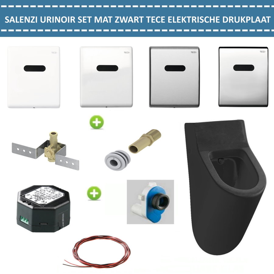 Urinoir Set Salenzi Hung Achterinlaat Mat Zwart met TECE Drukplaat Elektronisch Adaptor