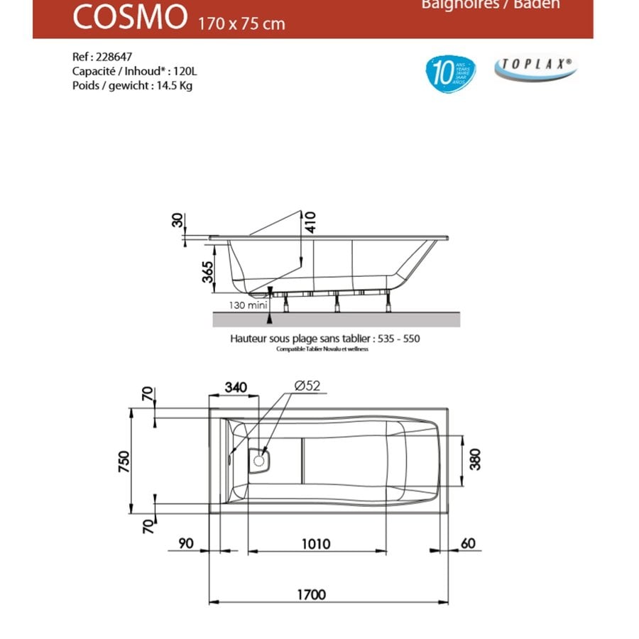 Ligbad Allibert Cosmo 170x75x53,5-55 cm