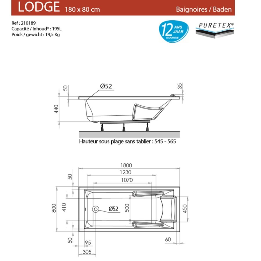 Ligbad Allibert Lodge 180x80x53,5-55,5 cm