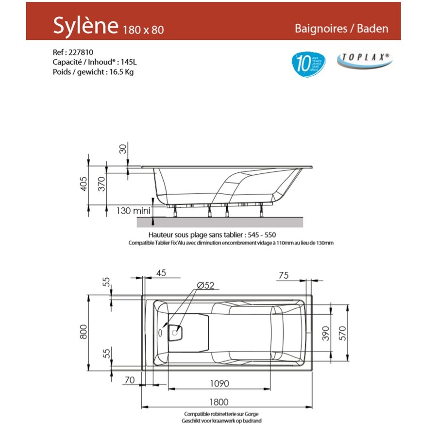 Ligbad Allibert Sylene 180x80x54,5-55 cm