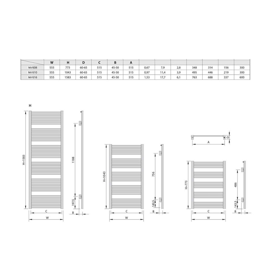 Handdoekradiator Sapho Nevel Recht 55.5x158.3 cm 690W Zilver