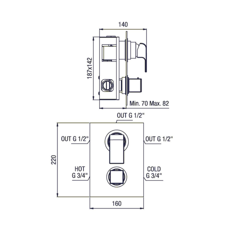 Douchekraan Inbouw Sapho Dimy Thermostatisch Afbouwdeel 3-weg Chroom (incl. inbouwdeel)