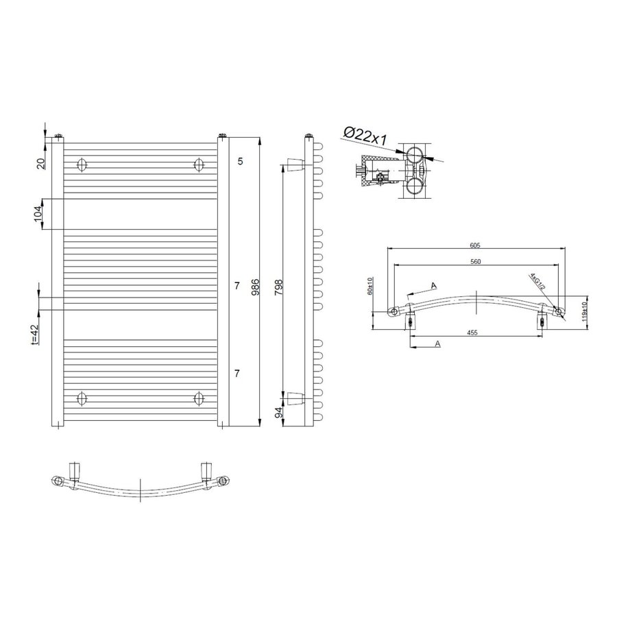 Handdoekradiator Sapho Orbit Gebogen 60x98.6 cm 547W Wit