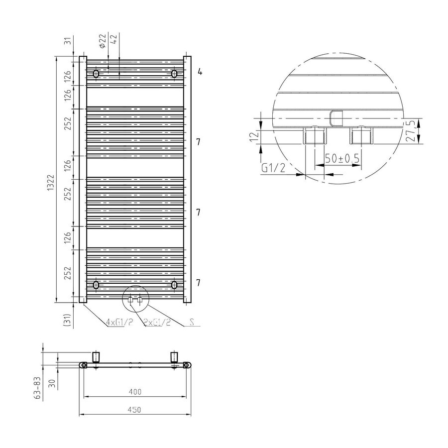 Handdoekradiator Sapho Direct Recht Middenaansluiting 45x132.2 cm 539W Wit