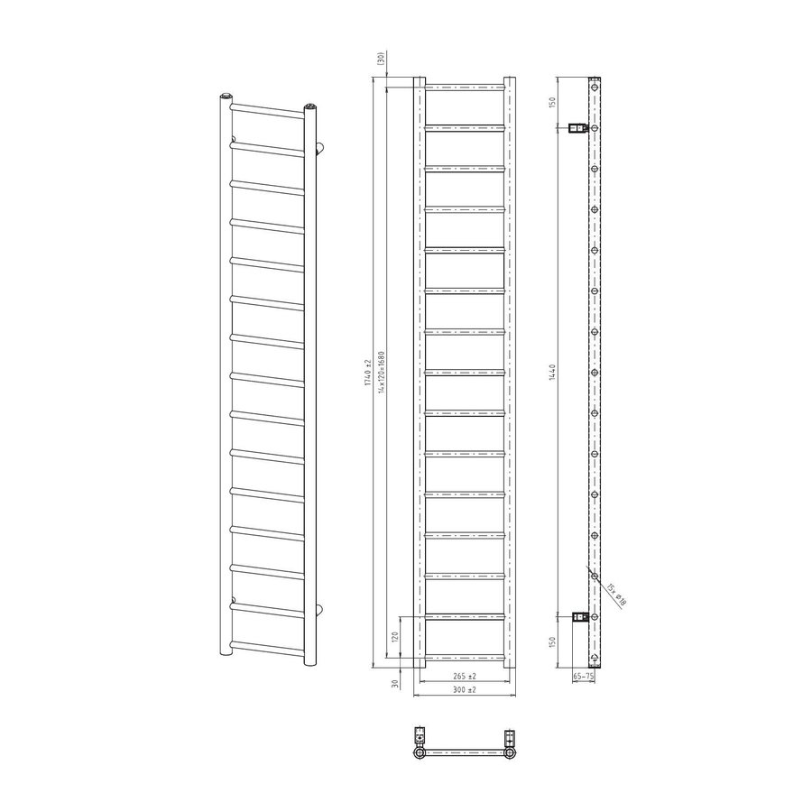 Handdoekradiator Sapho Dina Recht 30x174 cm Metallic Zilver