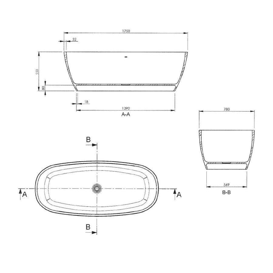 Vrijstaand Bad BWS Solid Surface 175x78x55 cm Mat Wit