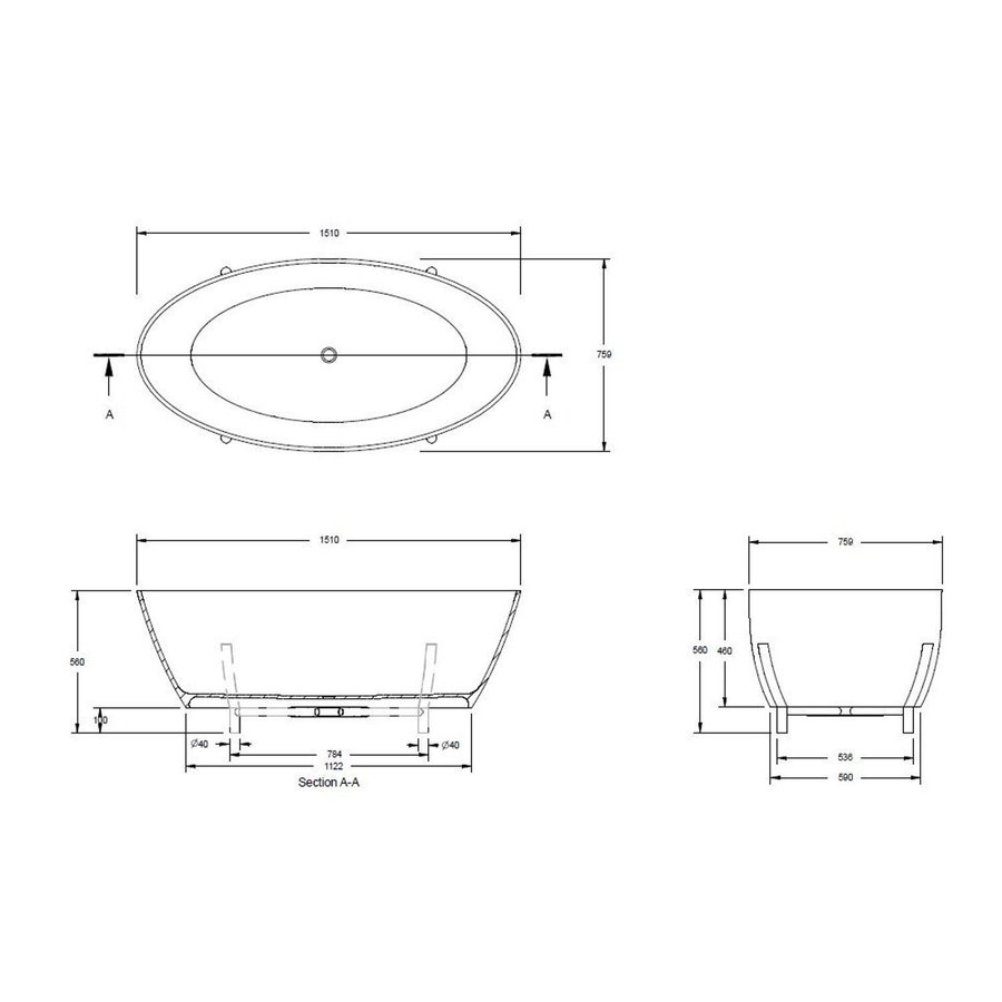 Vrijstaand Bad BWS Solid Surface 151x76x46 cm Mat Wit