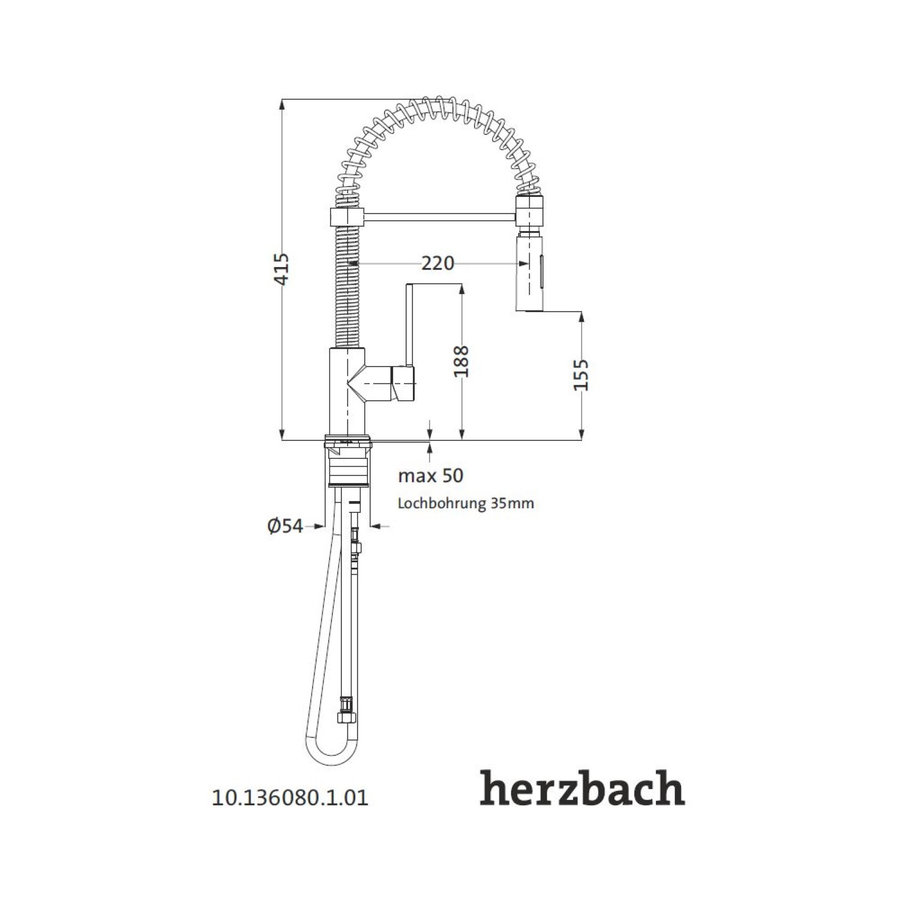 Keukenmengkraan Herzbach Design New 1-Gats Uittrekbare Uitloop Chroom