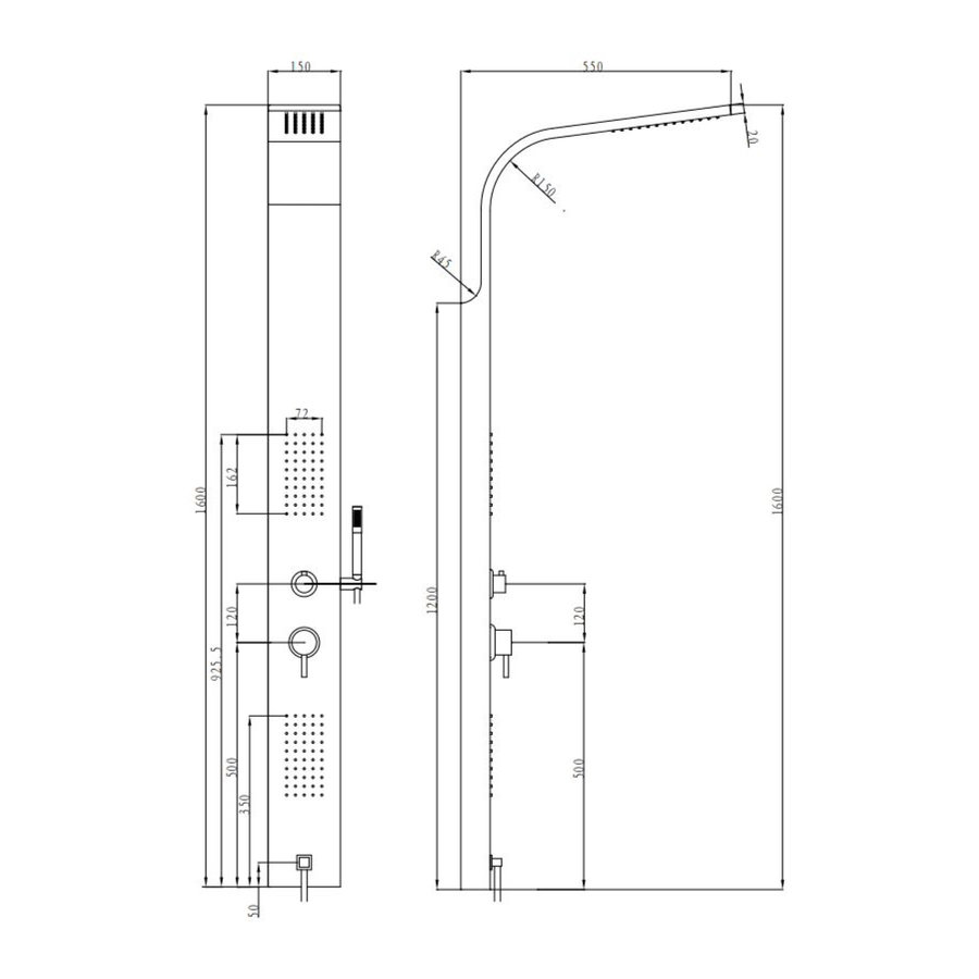 Douchepaneel Lacus Spargi 160x15x6 cm Geborsteld Staal