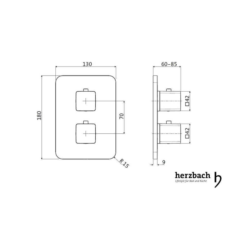 Inbouw Thermostaatkraan Herzbach Living Rechthoek Veiligheidsbegrenzer Chroom (vierkante hendels)