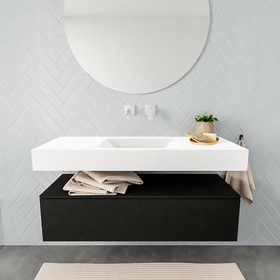 Badkamermeubel AQS Ibiza 120 cm Solid Surface Mat Zwart Wastafel Mat Wit (acht varianten)