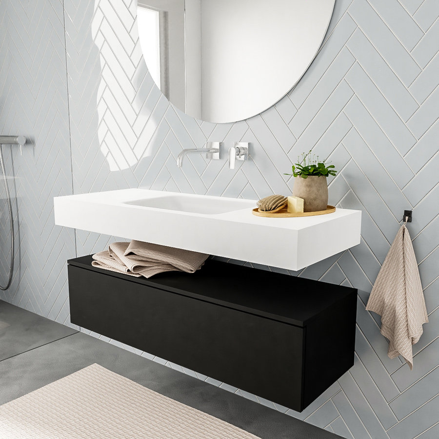 Badkamermeubel AQS Ibiza 120 cm Solid Surface Mat Zwart Wastafel Mat Wit (acht varianten)