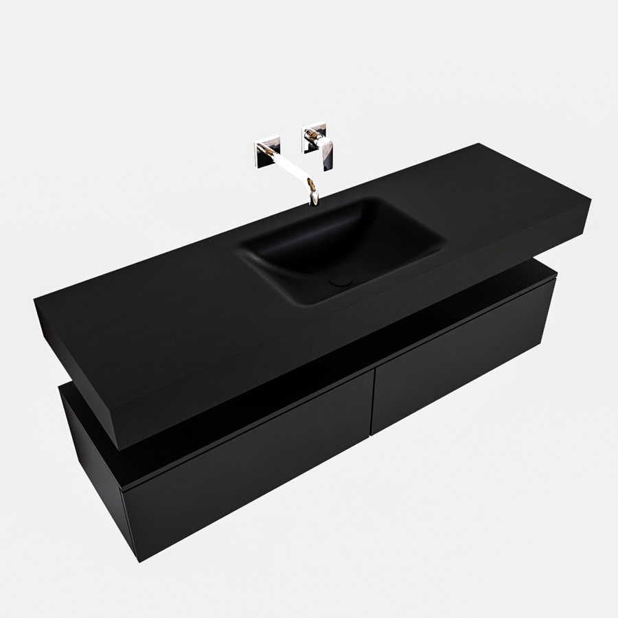 Badkamermeubel AQS Ibiza 150 cm Twee Soft-Close Lades Solid Surface Wastafel Mat Zwart (acht varianten)