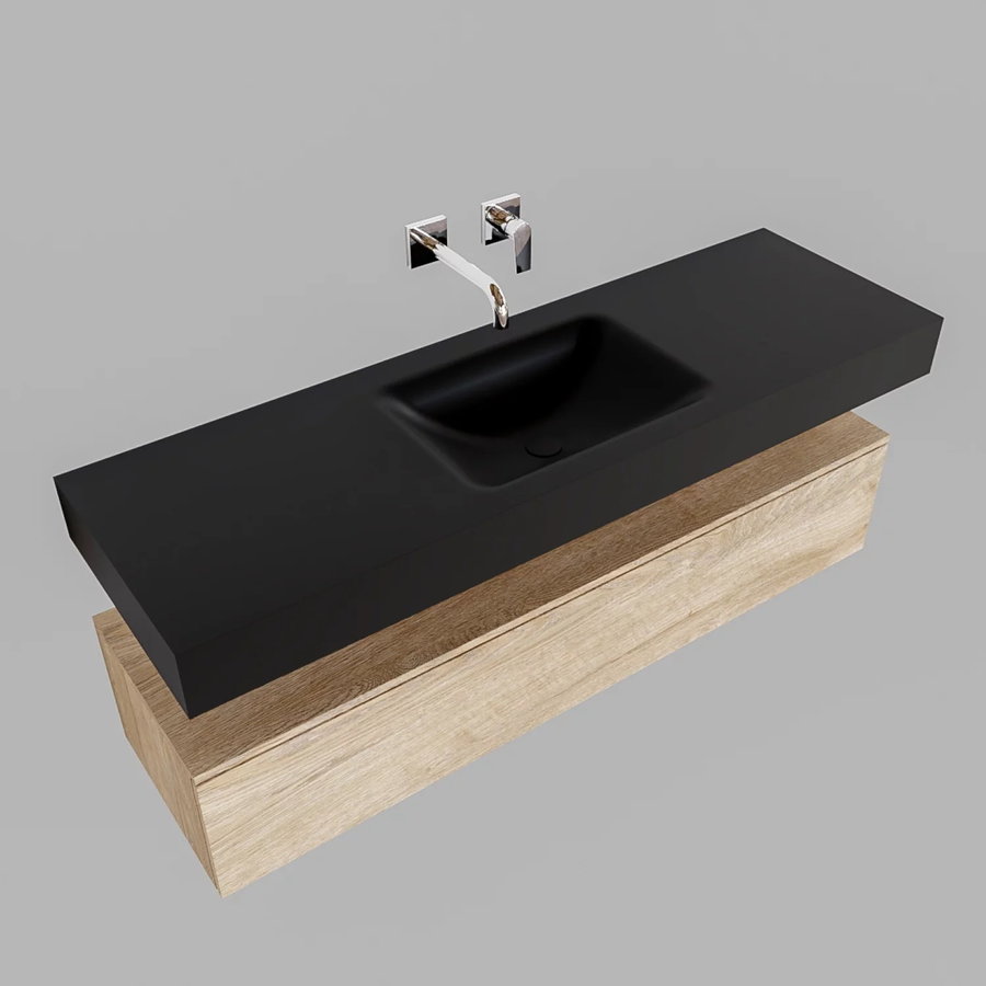 Badkamermeubel AQS Ibiza 150 cm Washed Oak Solid Surface Wastafel Mat Zwart (acht varianten)