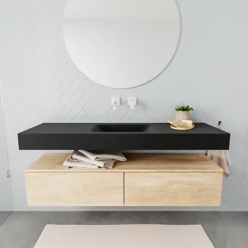 Badkamermeubel AQS Ibiza 150 cm Washed Oak Twee Soft-Close Lades Solid Surface Wastafel Mat Zwart (acht varianten) 