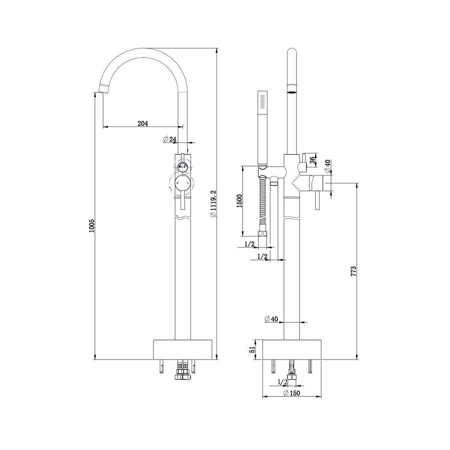 Vrijstaande Badmengkraan Best Design Nero 120 cm met Handdouche Mat Zwart