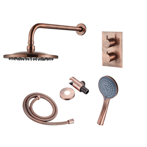 Inbouw Regendouche Set Boss & Wessing Copper met Wanduitloop en 3 Standen Handdouche Geborsteld Koper 30 cm 