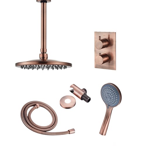 Inbouw Regendouche Set Boss & Wessing Copper met Plafonduitloop en 3 Standen Handdouche Geborsteld Koper 20 cm 