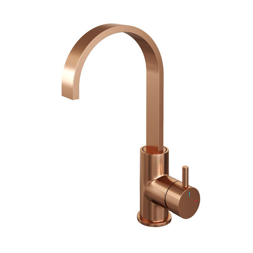 Wastafelmengkraan Brauer Copper Edition Coldstart Opbouw Hoog Plat Gebogen Korte Ronde Hendel Geborsteld Koper PVD 