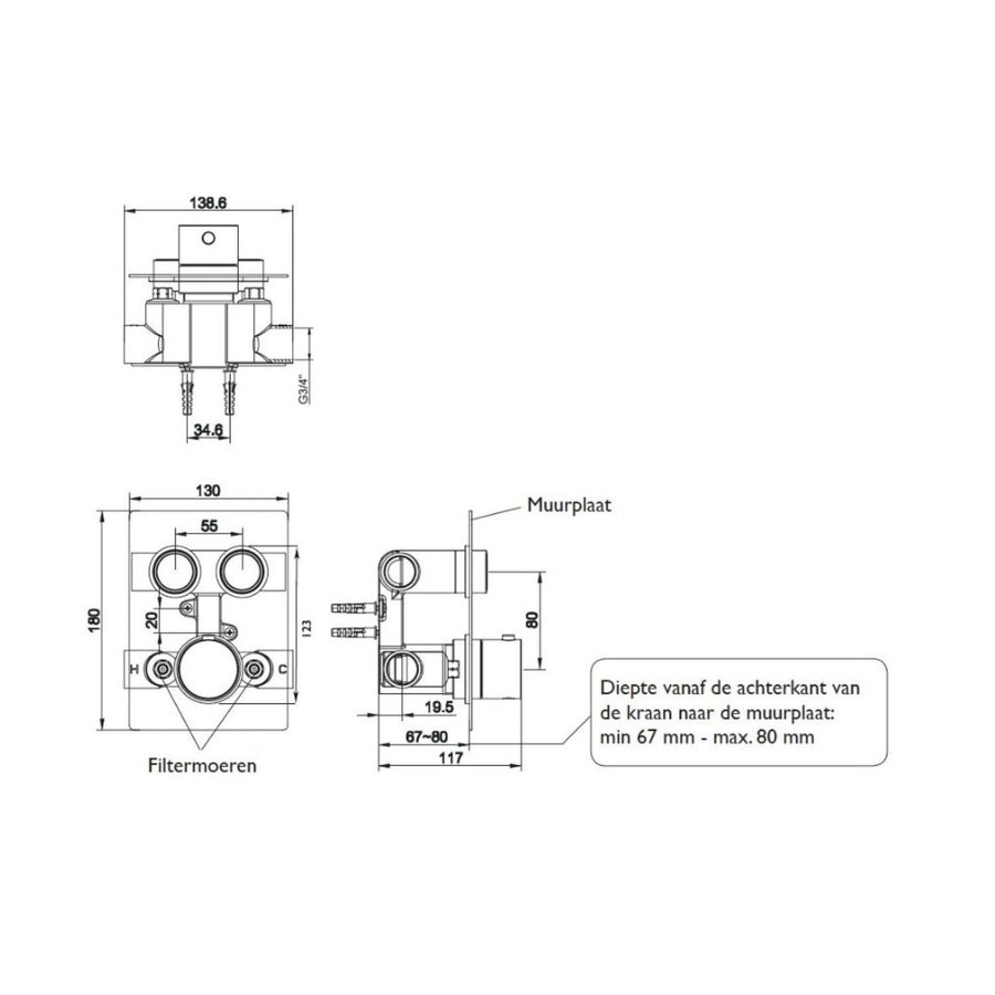 Inbouwdeel Boss & Wessing Click voor 2-Wegs Douchethermostaat