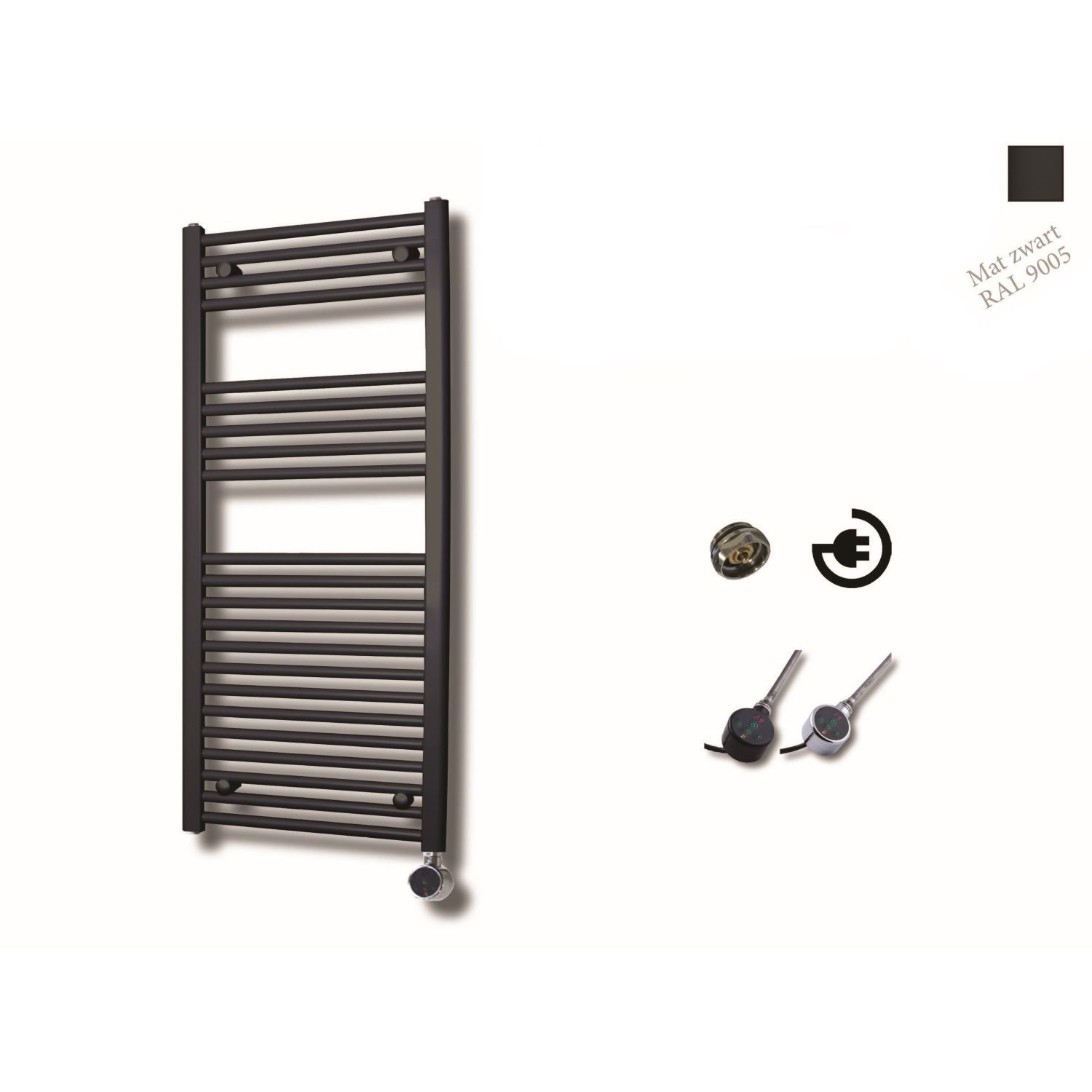 Elektrische Design Radiator Sanicare Plug En Play 111,8 x 60 cm Mat Zwart Thermostaat Chroom 730 Wat