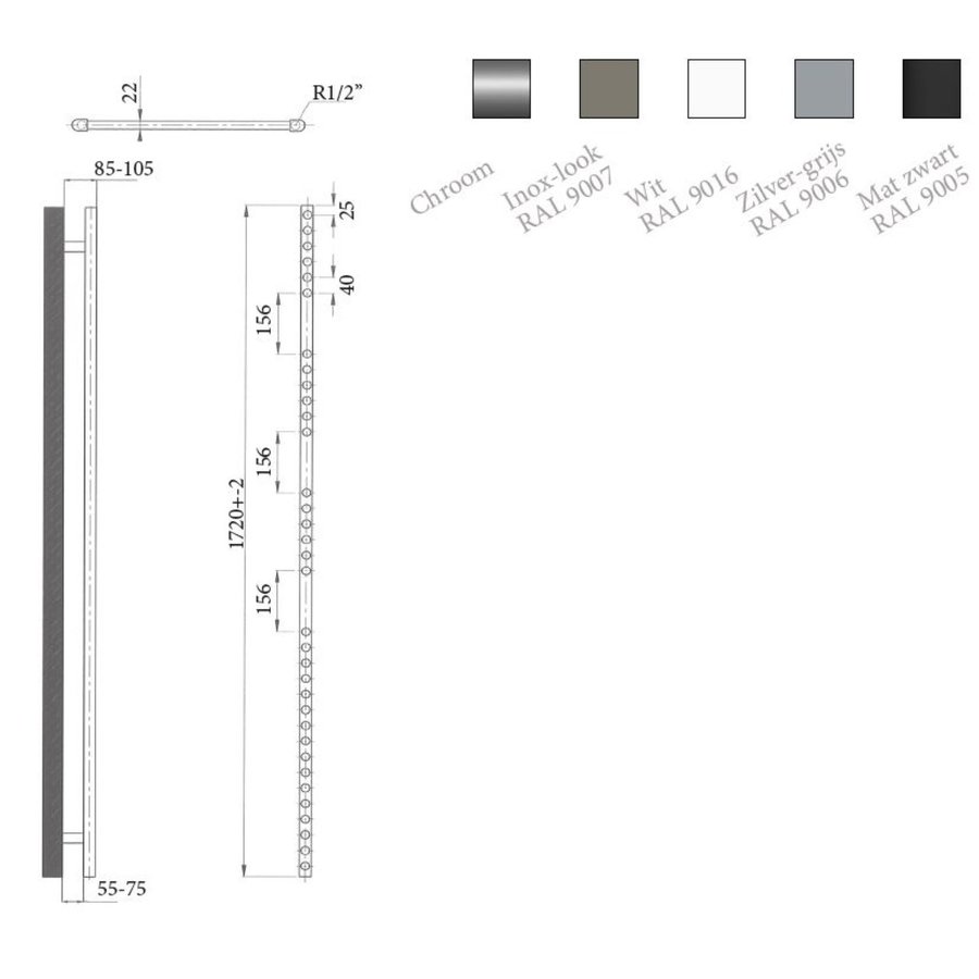 Elektrische Design Radiator Sanicare Plug En Play 172 x 60 cm Mat Zwart Thermostaat Zwart 1127 Watt