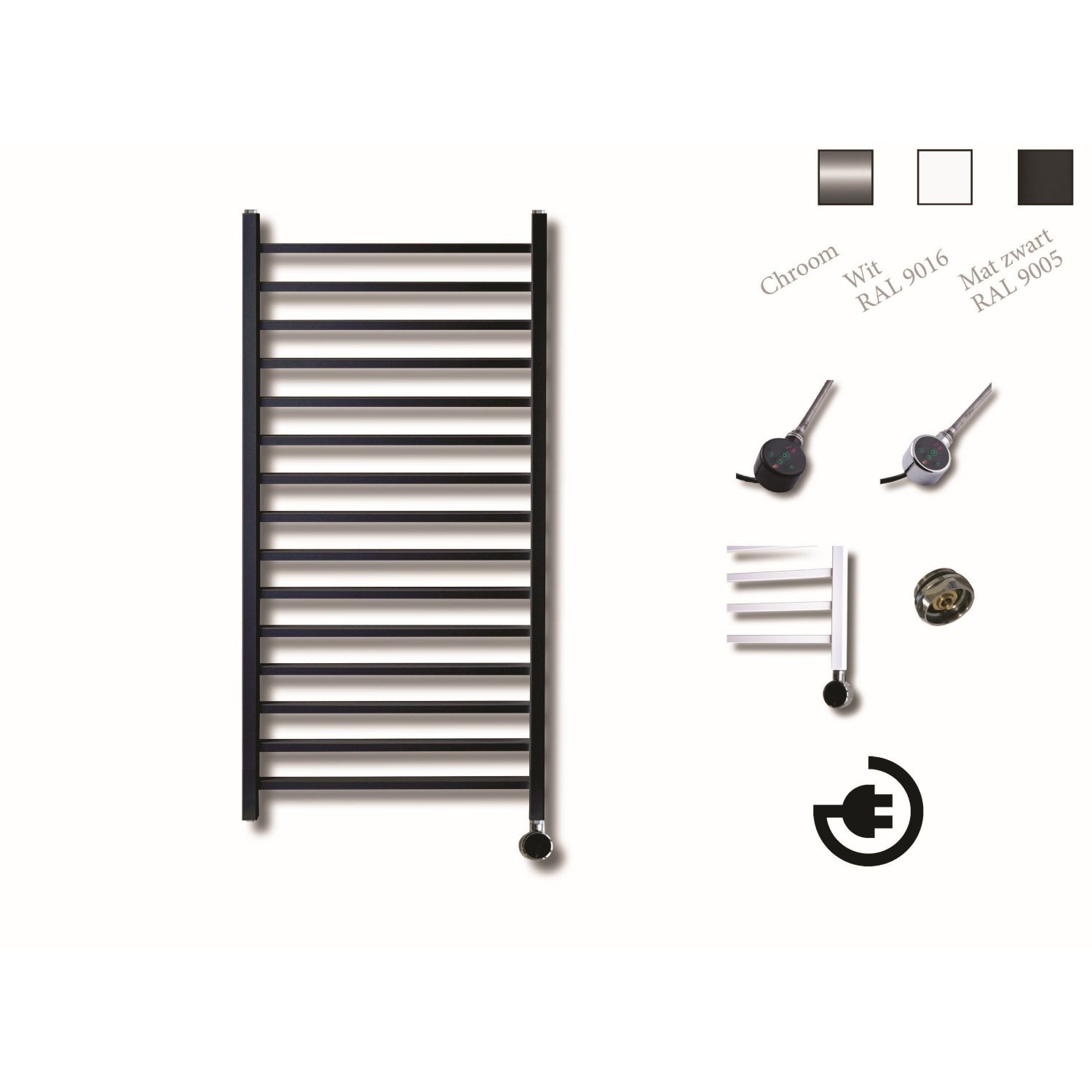 Elektrische Design Radiator Sanicare Plug En Play Qubic 126.4 x 60 cm Mat Zwart Thermostaat Chroom 7