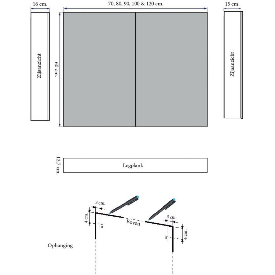 Spiegelkast Sanicare Qlassics 120 cm 2 Spiegeldeuren Belluno Eiken