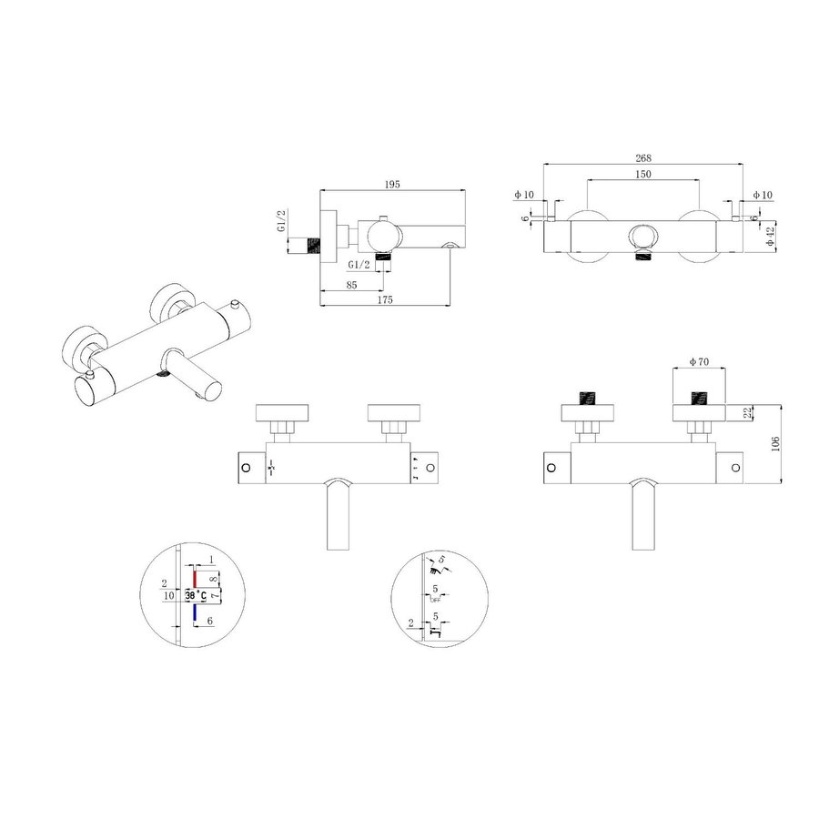 Badkraan Wiesbaden Style Thermostatisch Cool Touch HOH 15 cm Geborsteld Staal